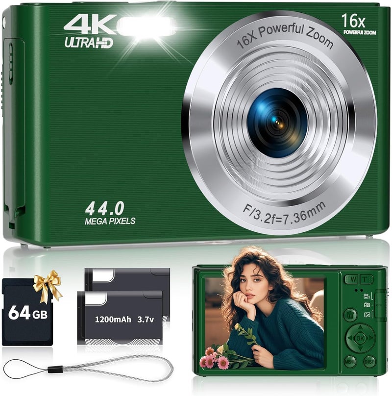 SMARTKLIK Digital Camera, FHD 4K 44MP Autofocus Compact Digital Cameras for Teens, Green Point and Shoot Camera for Kids with 16X Zoom, 64GB SD Card, Small Digital Camera for Boys Girls Teens Kids Gift - Image 1